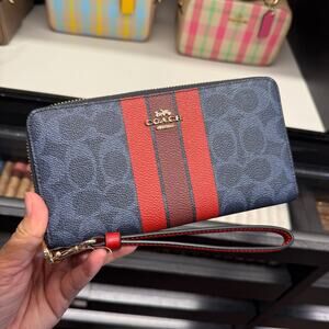 Coach CBO09 Long Zip Around Wallet In Signature Canvas With Varsity Stripe